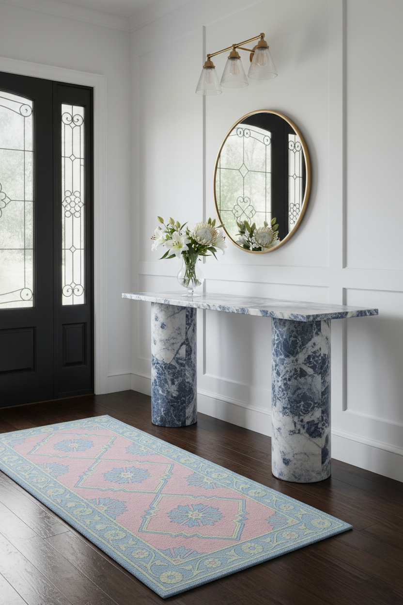 Decorative rug and console table with floral design in a room with a black door and white walls.