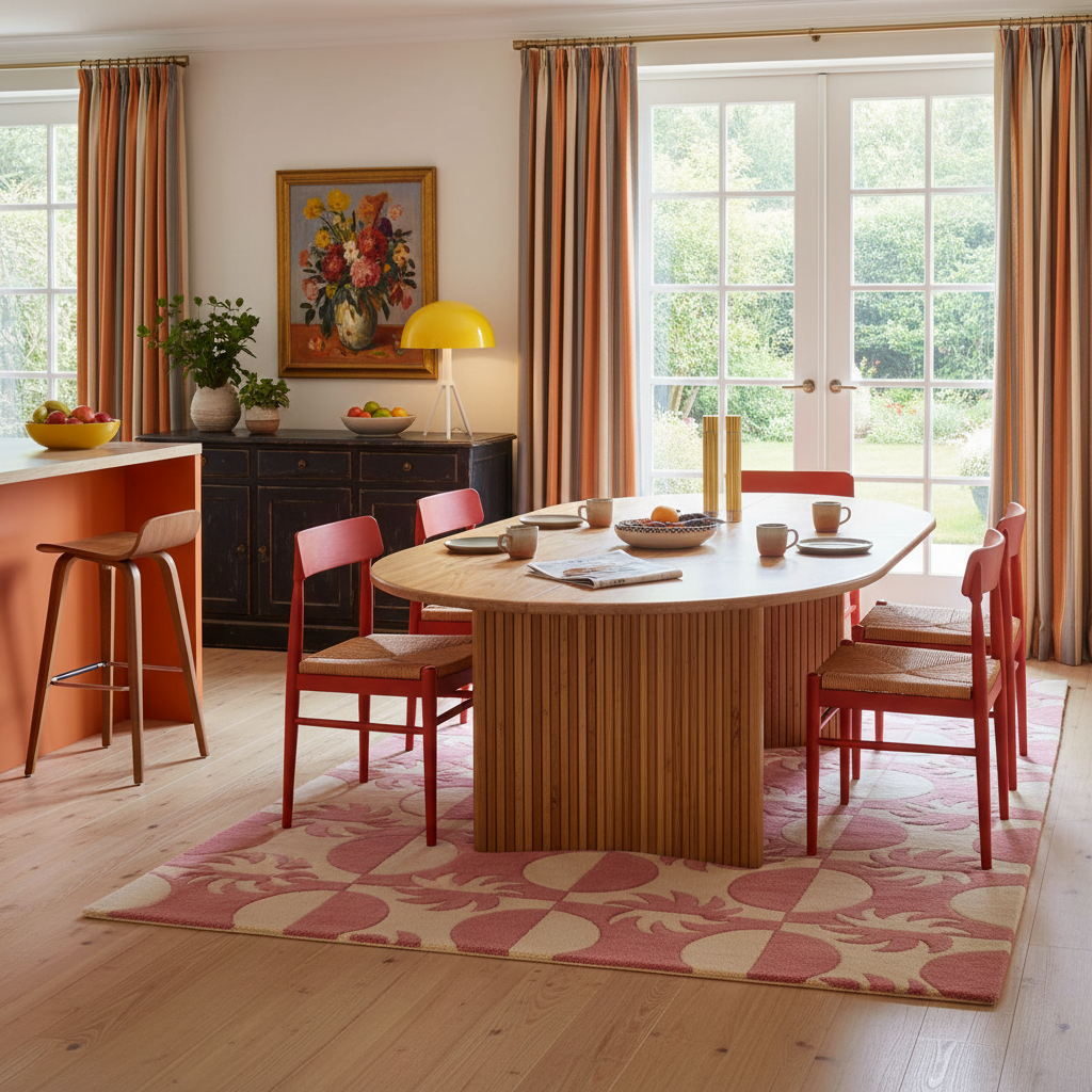 Dining room with round table, red chairs, geometric rug, and a large window.