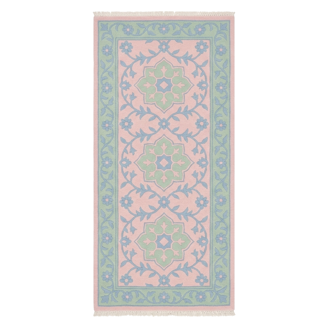Decorative rug with pink and green pattern on a white background