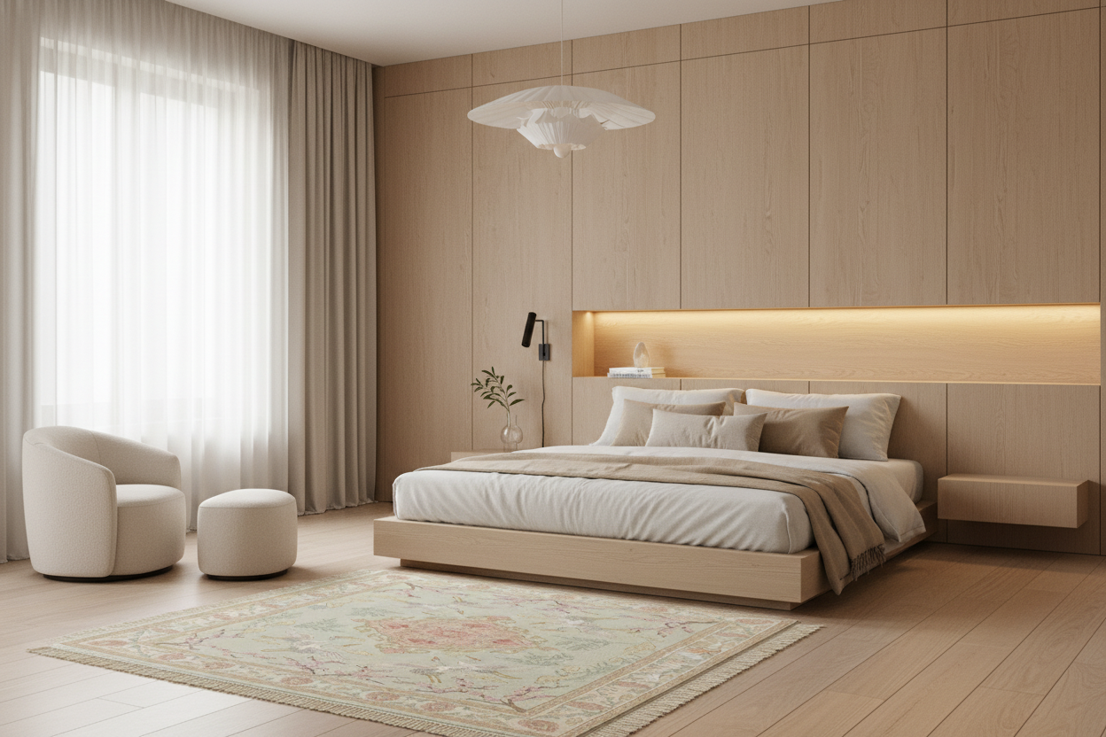 Modern bedroom with wooden walls, bed, rug, and armchair.