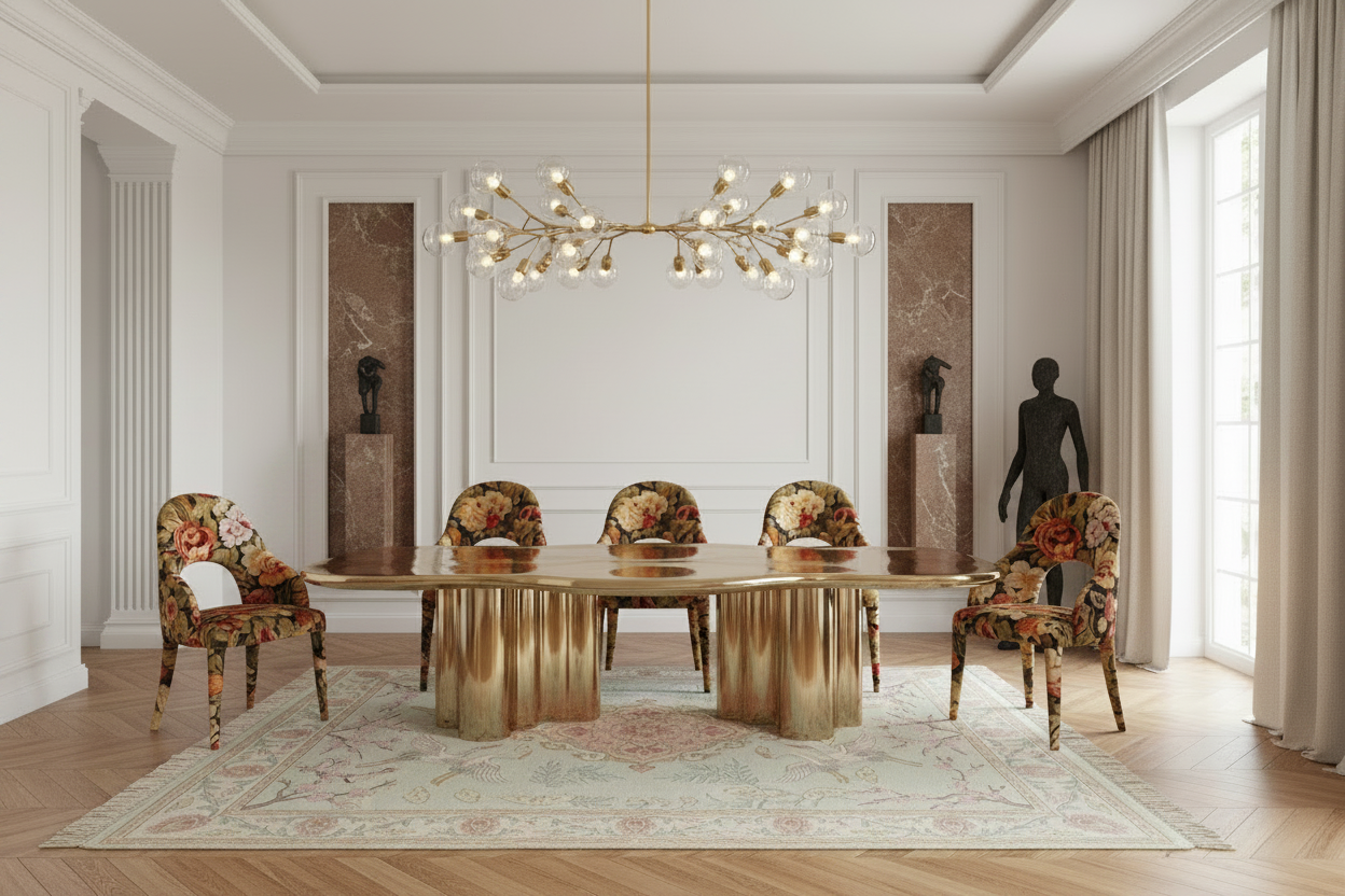 Elegant dining room with a floral rug, a gold table and chairs in a bright, modern interior.