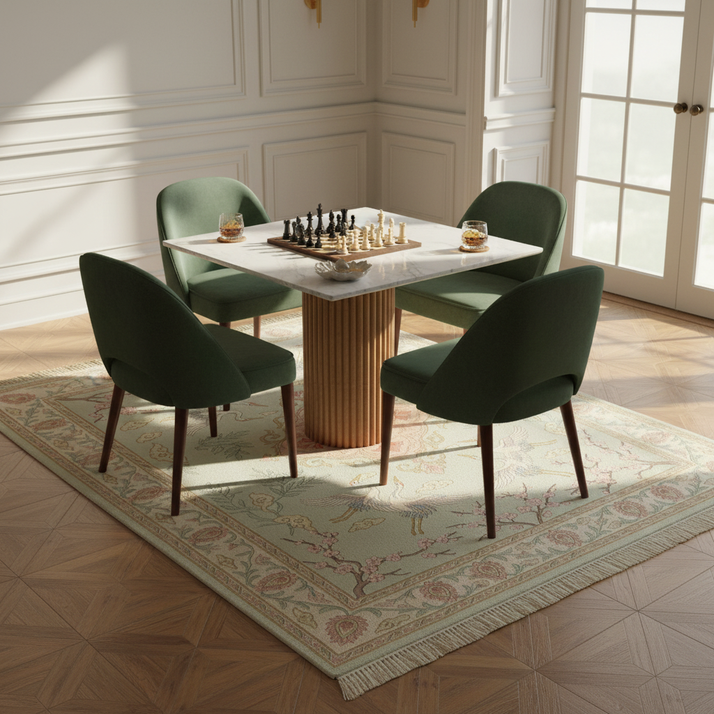 A modern dining set in a bright, elegant room featuring a square table with a ribbed gold pedestal base and a white marble top, surrounded by four dark green velvet chairs. A chess set is placed on the table, and the furniture is styled on a patterned rug with a wood parquet floor.