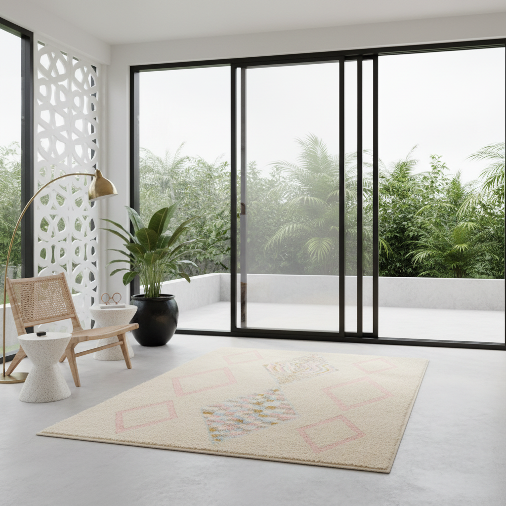 A rectangular area rug with a cream base and pink, yellow, and blue geometric diamond patterns, styled in a modern minimalist room with large black-framed glass doors overlooking a green garden.