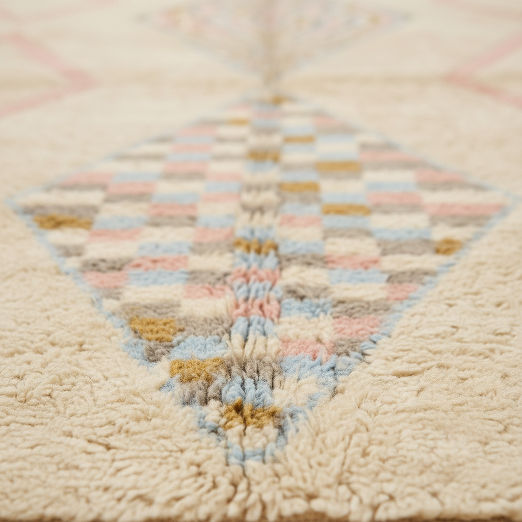 Close-up of a textured rug with a cream base and a central diamond pattern in pastel pink, blue, beige, and mustard yellow.