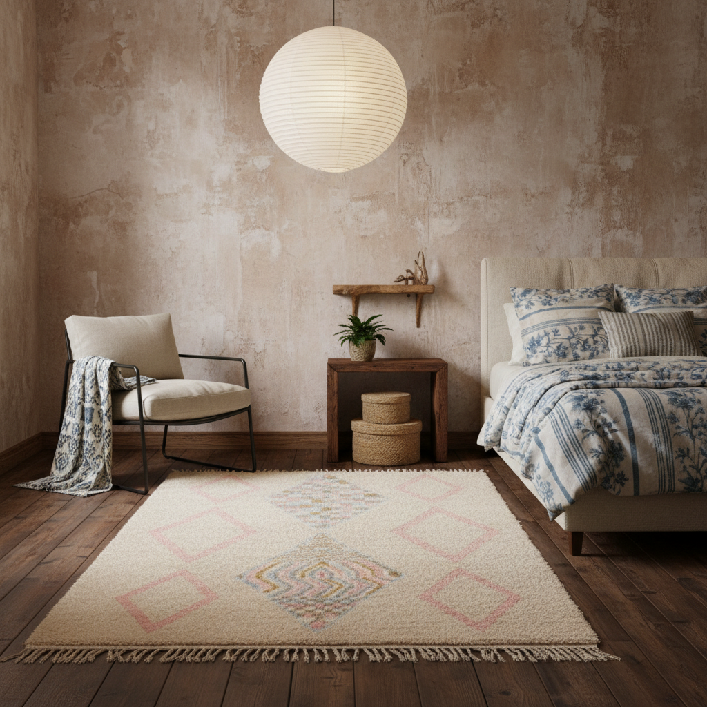 A beige area rug with a colorful geometric diamond pattern and fringe, styled in a rustic, warm-toned bedroom next to a bed and an armchair.
