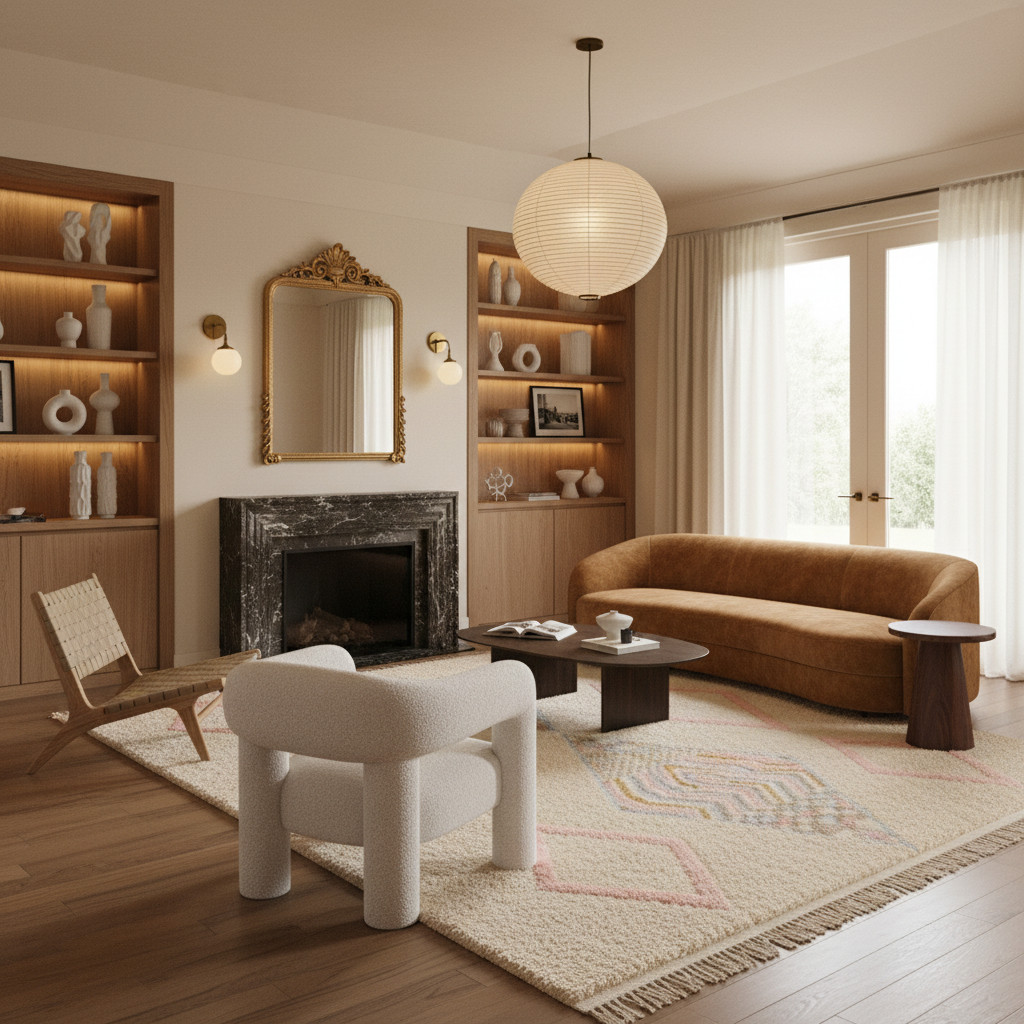 Modern living room with brown sofa, white chair, and fireplace.