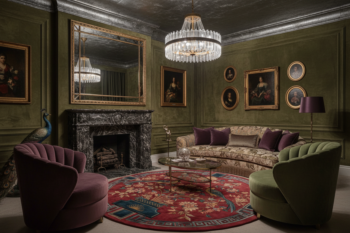 Luxurious living room with green walls, red chinoiserie round rug, a chandelier, and decorative furniture.