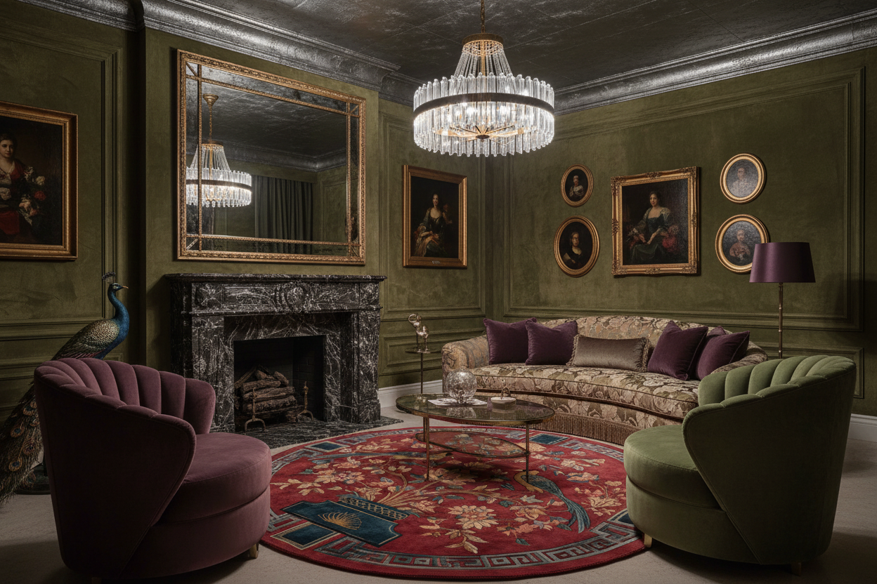Luxurious living room with green walls, red chinoiserie round rug, a chandelier, and decorative furniture.