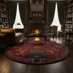 A large round area rug with a red background and ornate floral and geometric patterns in blue, gold, and green, styled in a cozy, dark-themed library or living room with a fireplace, leather sofa, and bookshelves.
