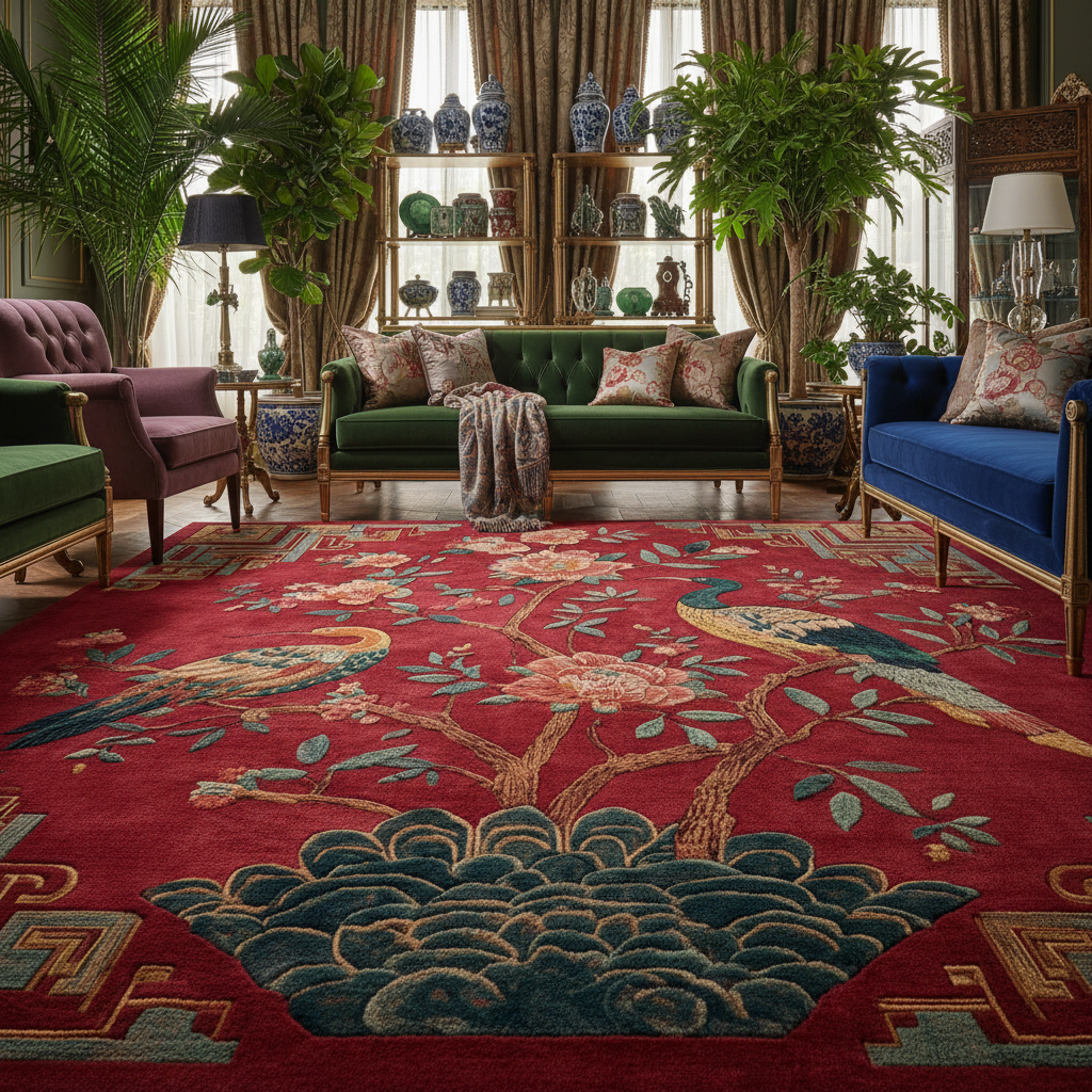 A large traditional oriental area rug with a red background, blue and green wave motif, and bird-and-floral patterns, shown in a styled living room with green, blue, and purple sofas, plants, and shelving.