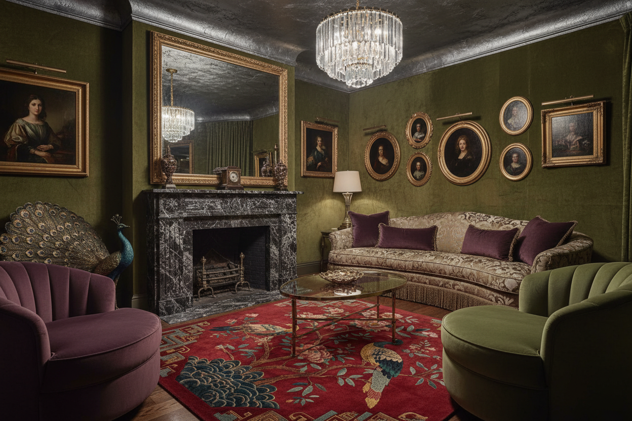 Luxurious chinoiserie inspired living room with red rug, green walls, a fireplace, and ornate furniture.