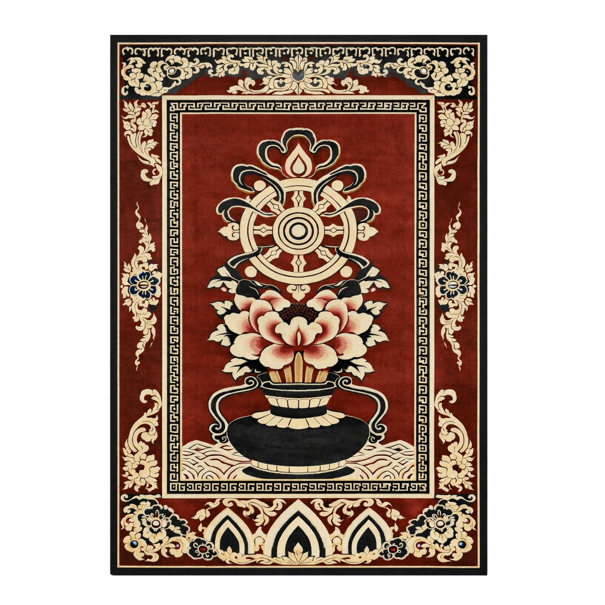Crimson Lotus Wheel Hand Knotted Rug 