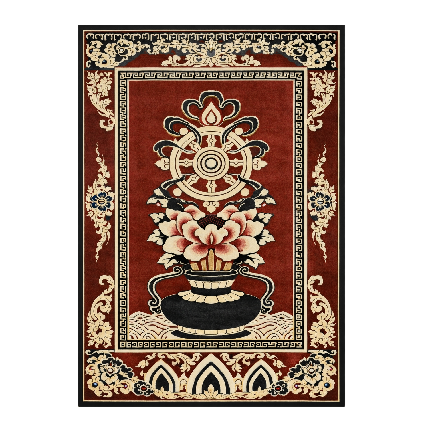Crimson Lotus Wheel Hand Knotted Rug 