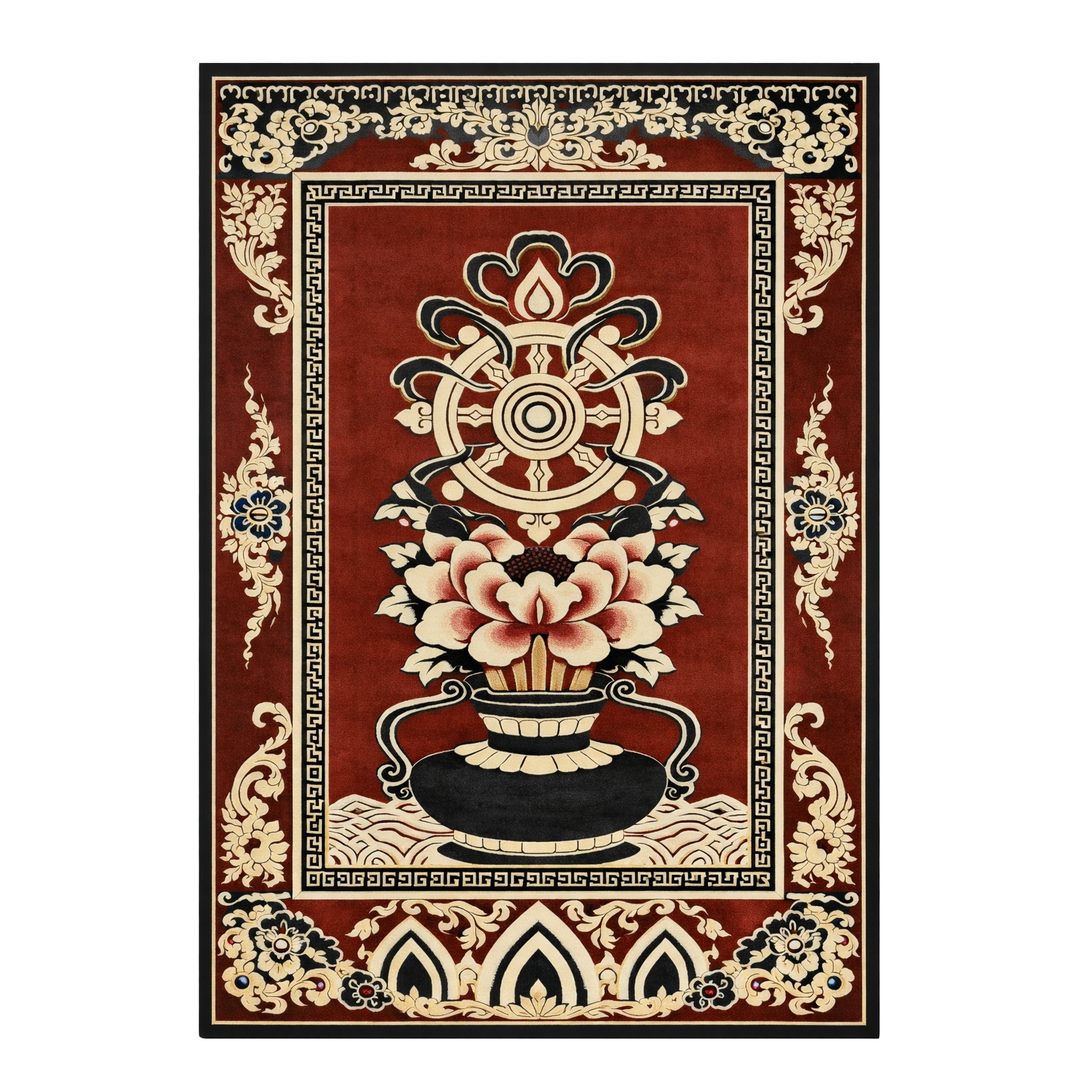 Crimson Lotus Wheel Hand Knotted Rug 