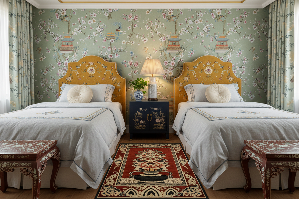 Two beds with floral headboards in a room with decorative wallpaper and red chinoiserie rug.