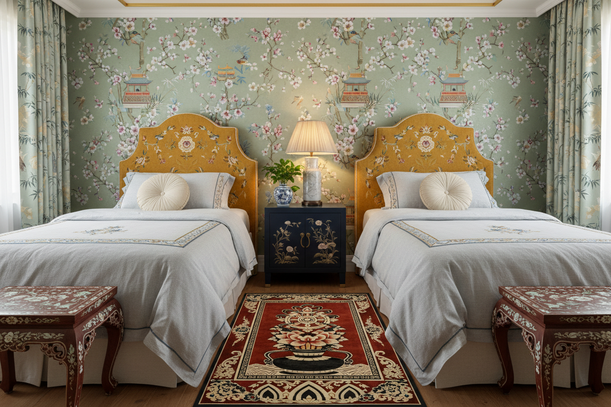 Two beds with floral headboards in a room with decorative wallpaper and red chinoiserie rug.
