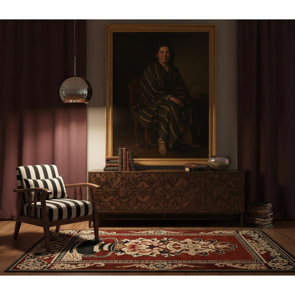 A styled interior scene with a large framed portrait painting on the wall above a carved wooden sideboard, next to a black-and-white striped armchair and a red patterned area rug.