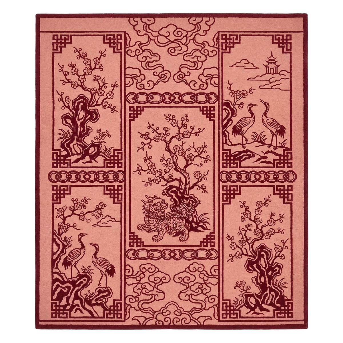 Crimson Panel Illustration Hand Tufted Wool Rug 