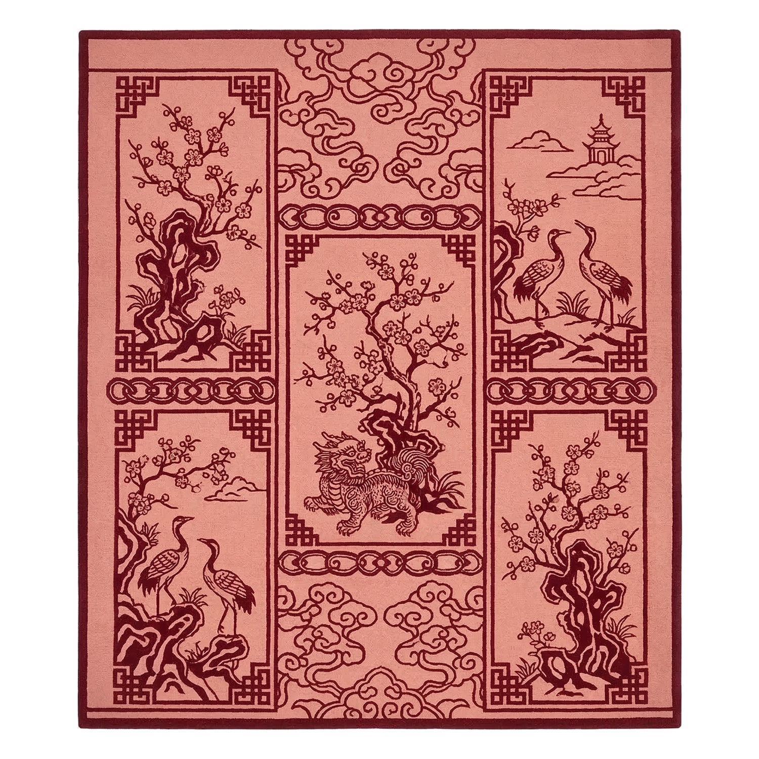 Crimson Panel Illustration Hand Tufted Wool Rug 