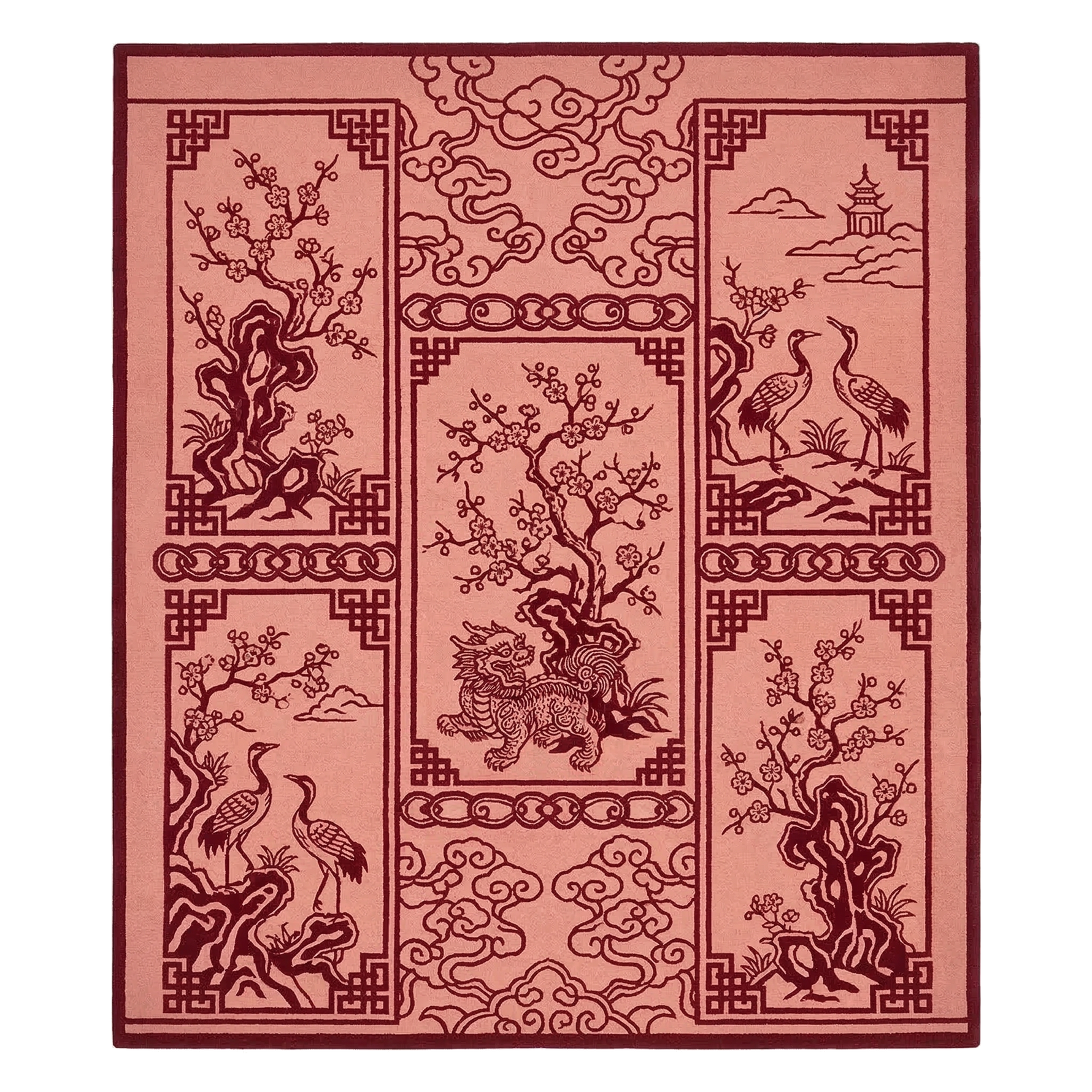 Crimson Panel Illustration Hand Tufted Wool Rug 
