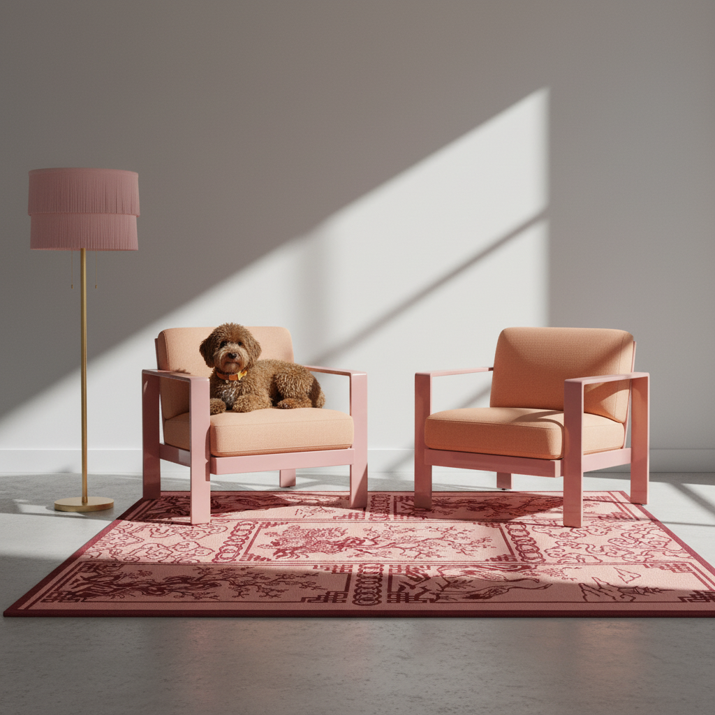 Two blush pink armchairs with peach cushions are arranged on a patterned pink rug in a minimalist room. One chair is empty, and the other has a small brown poodle lying on it.