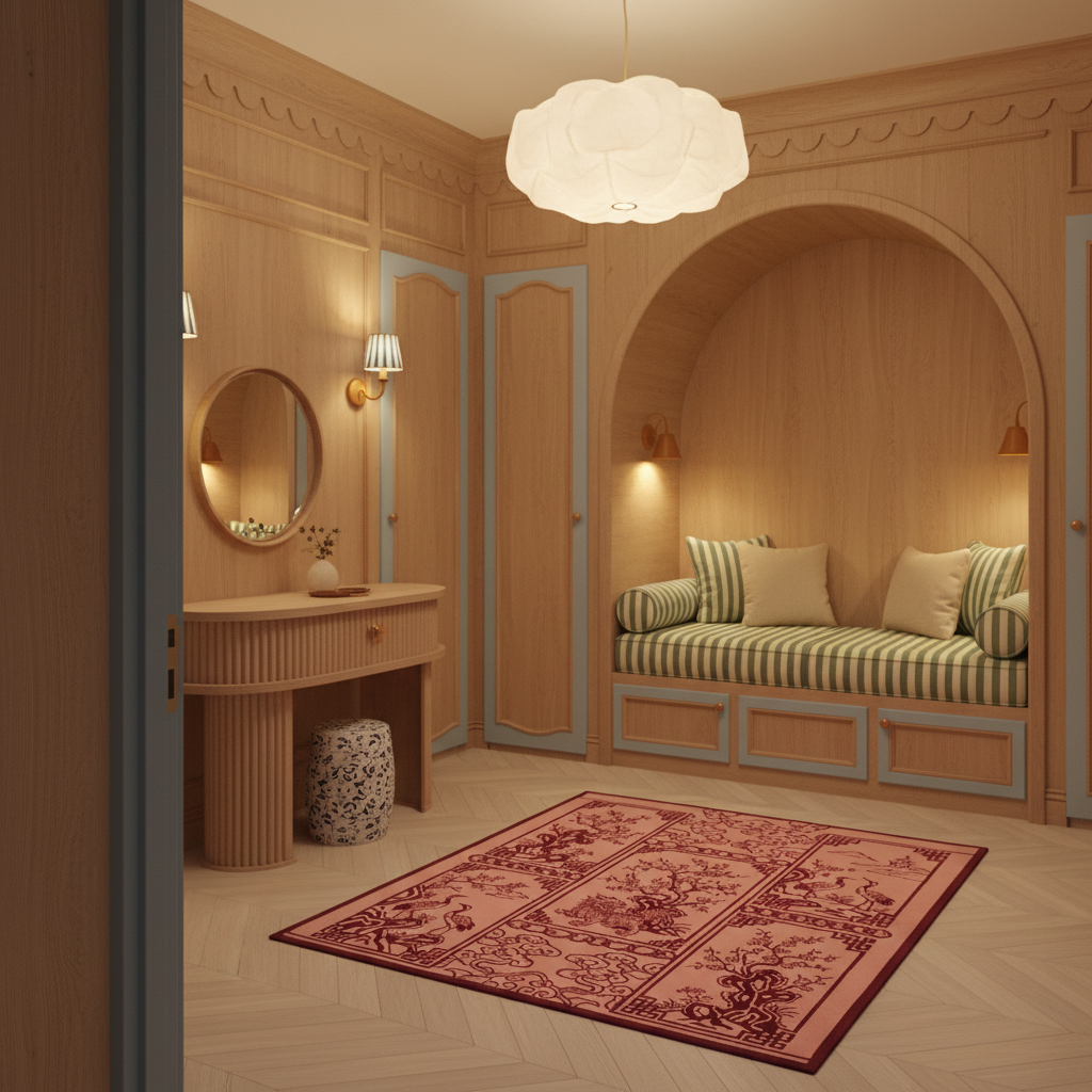 A warm, elegant interior room with wood-paneled walls, a built-in cushioned seating nook with striped green and cream pillows, a vanity table, wall sconces, a hanging cloud-shaped pendant light, and a patterned pink rug on herringbone wood flooring.