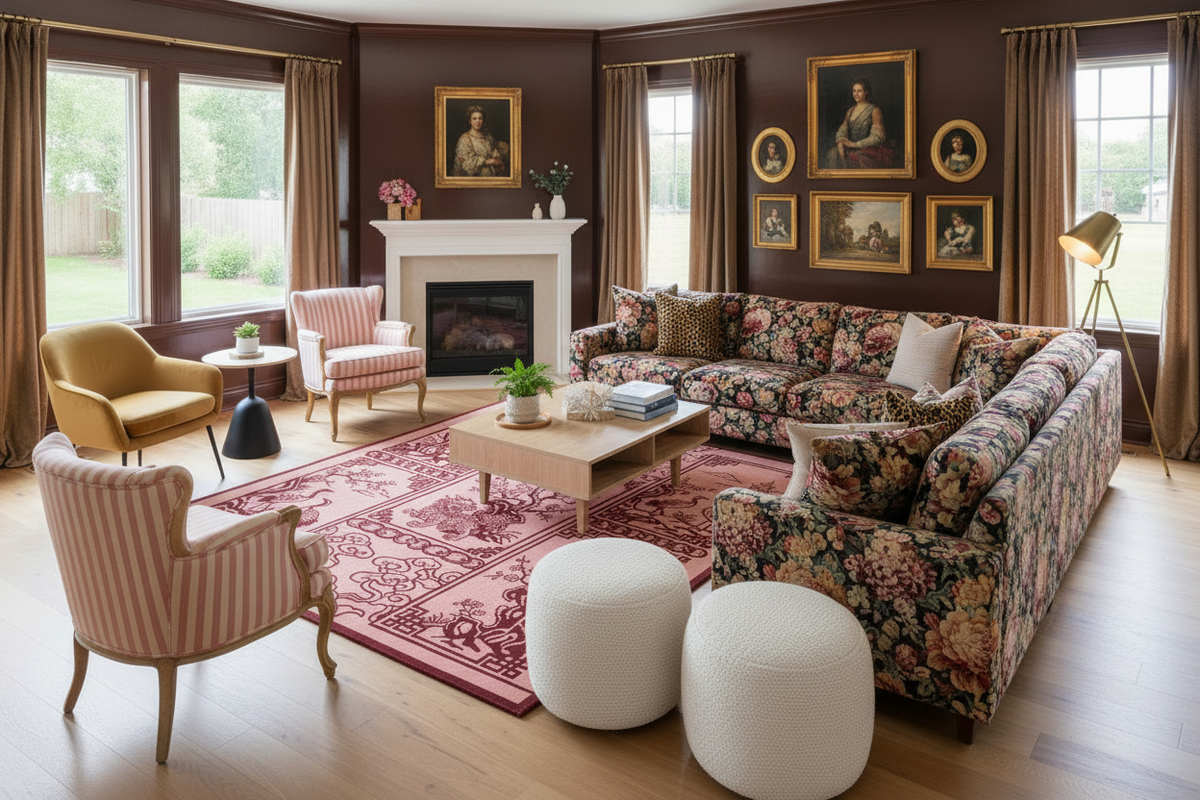 Living room with floral red rug, sofa, armchairs, and a fireplace.