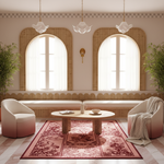 A beautifully styled living room featuring two modern ribbed armchairs in a soft pink and cream gradient, arranged around a round wooden coffee table on a red patterned area rug. The background showcases two large arched windows with bamboo frames, white sheer curtains, and a built-in bench.