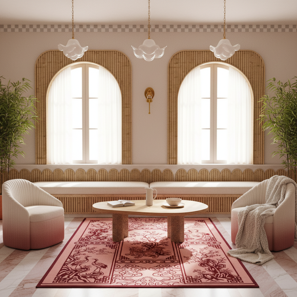 A beautifully styled living room featuring two modern ribbed armchairs in a soft pink and cream gradient, arranged around a round wooden coffee table on a red patterned area rug. The background showcases two large arched windows with bamboo frames, white sheer curtains, and a built-in bench.