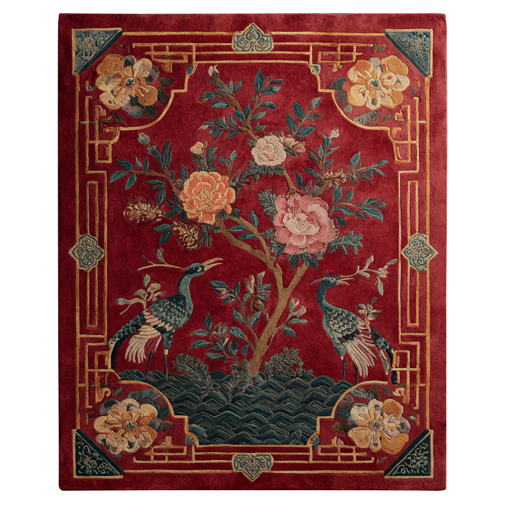 Decorative rug with floral and bird patterns on a red background