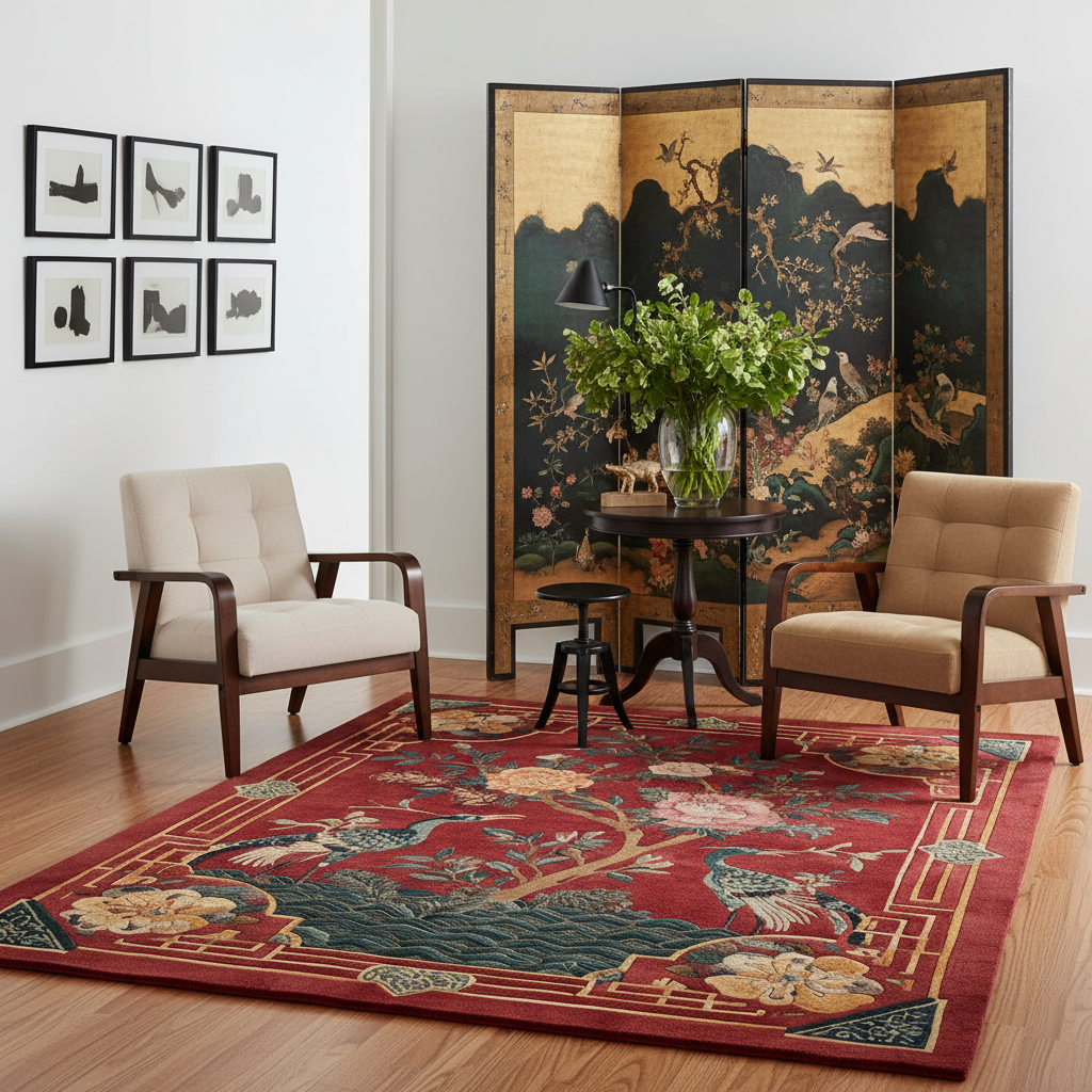 Crimson Peony Fretwork Hand Tufted Viscose Rug
