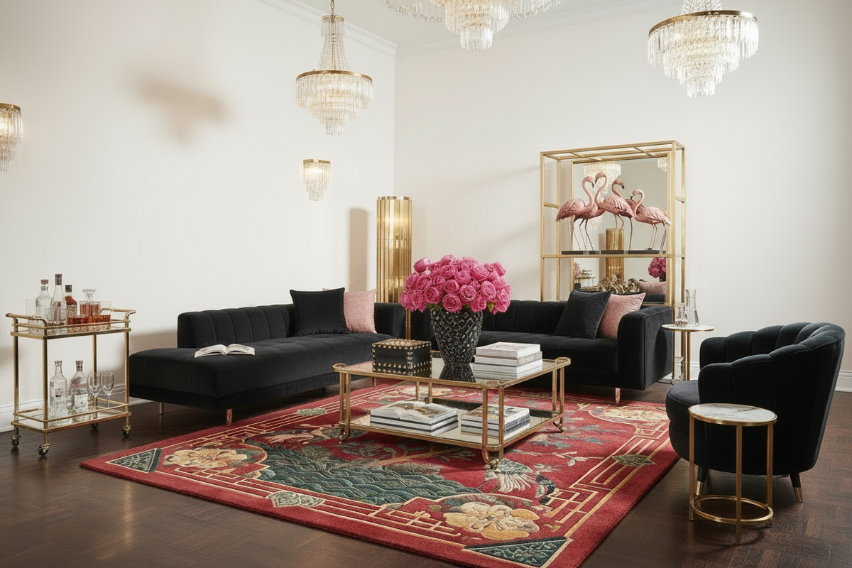 Modern living room with black sofa, pink flowers, and decorative red chinoiserie rug.