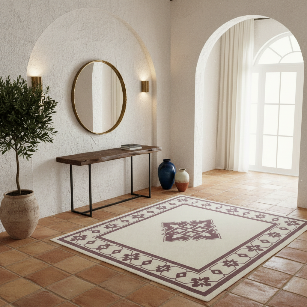 Decorative rug with geometric pattern on a tiled floor in a bright room with a mirror and plant.