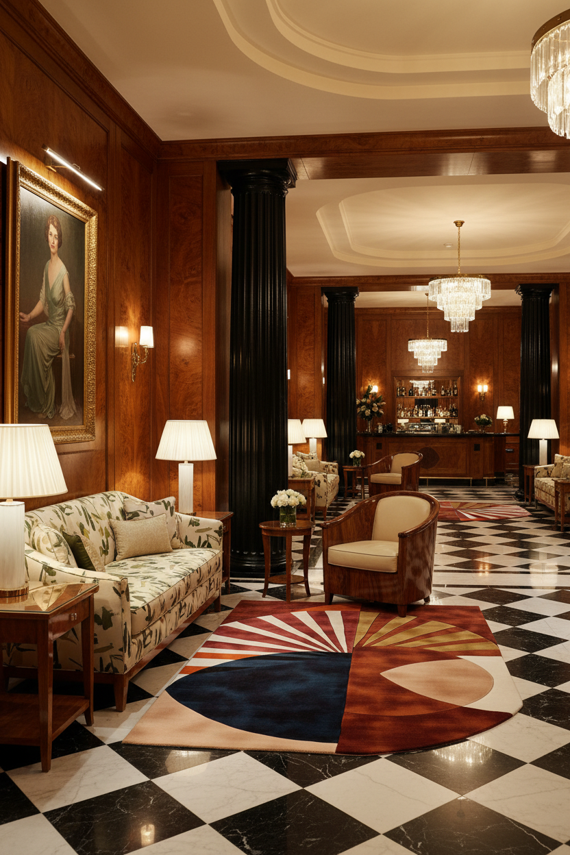 Luxurious hotel lobby with checkered floor, patterned art deco rug, and elegant furniture.