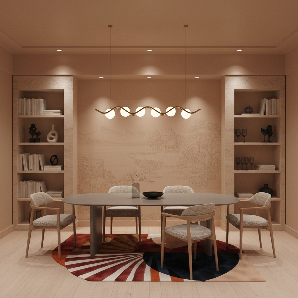 A modern dining room featuring a round dark wood dining table surrounded by six upholstered chairs, under a multi-light linear pendant chandelier. The room is styled with warm beige walls, built-in bookshelves, and a distinctive circular rug with a sunburst pattern.