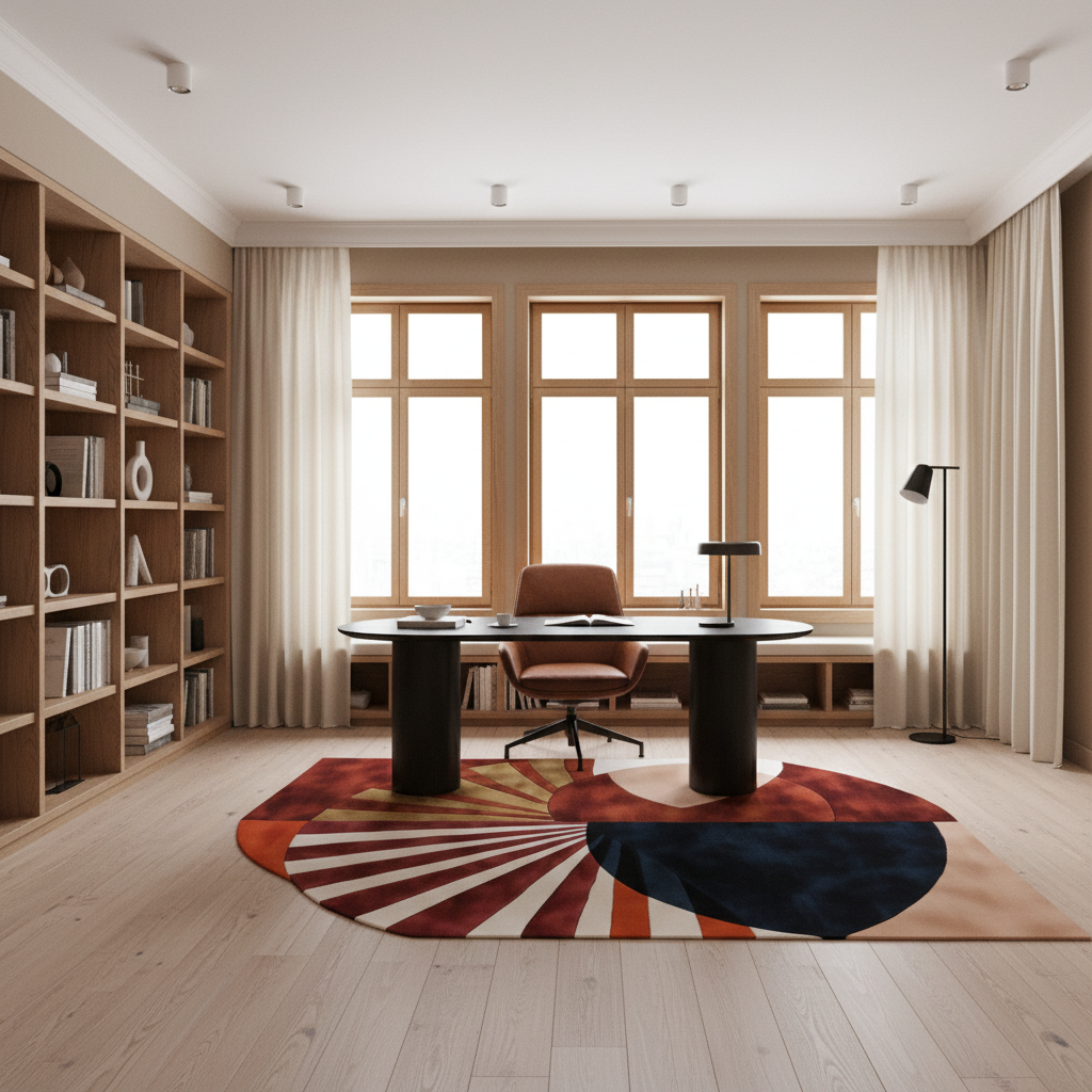 A modern home office with light wood floors, large windows, built-in shelving, a black desk, and a round area rug with a bold sunburst pattern in rust, cream, and navy.