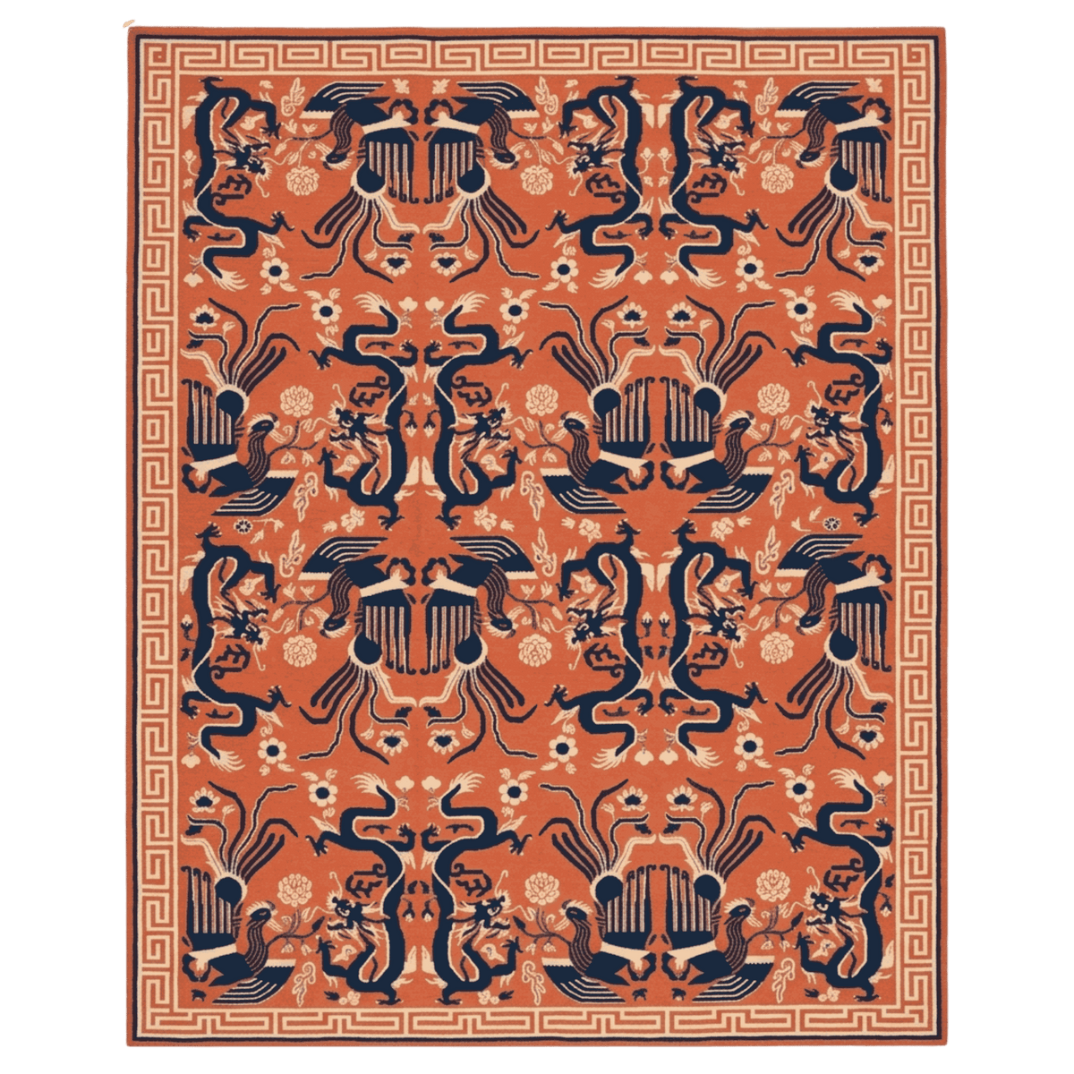 Decorative rug with intricate black patterns on an orange background