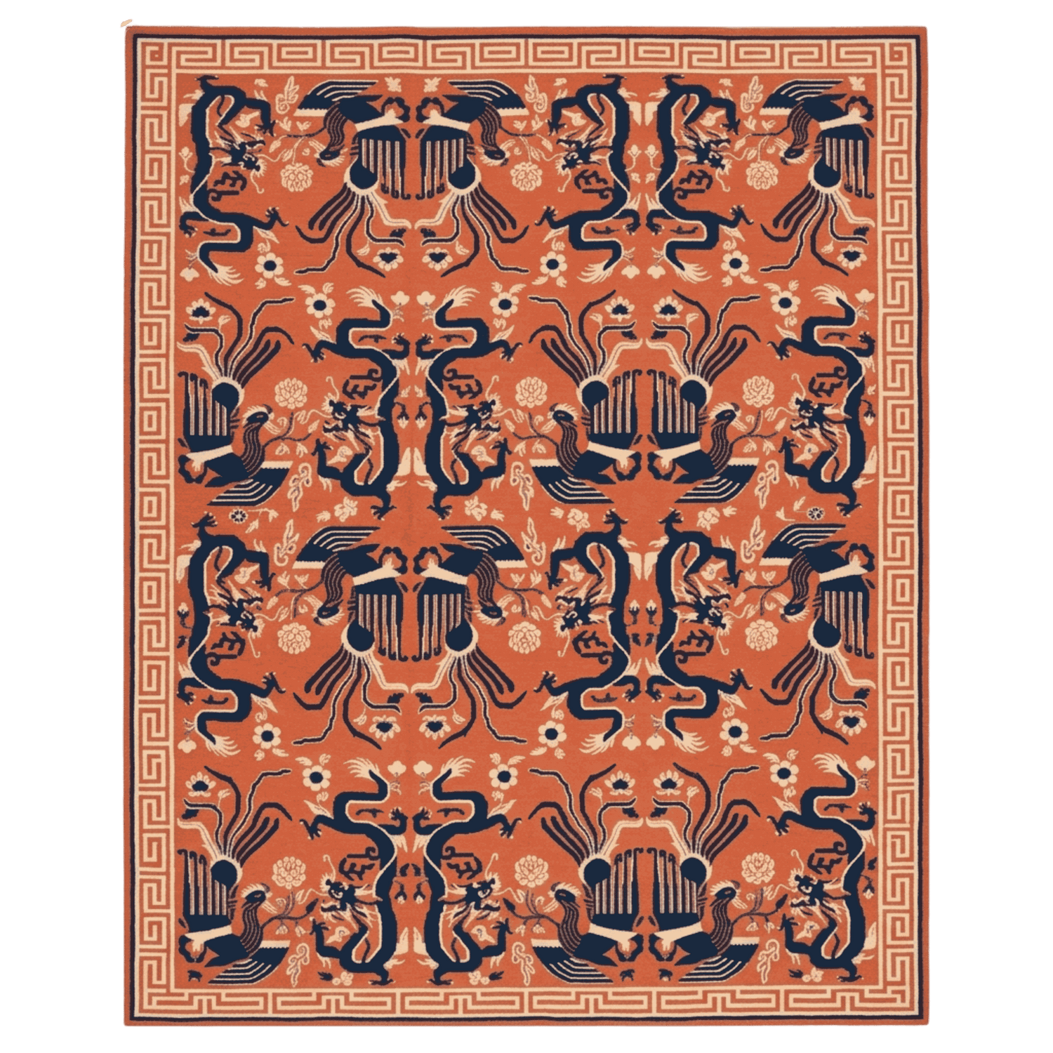 Decorative rug with intricate black patterns on an orange background