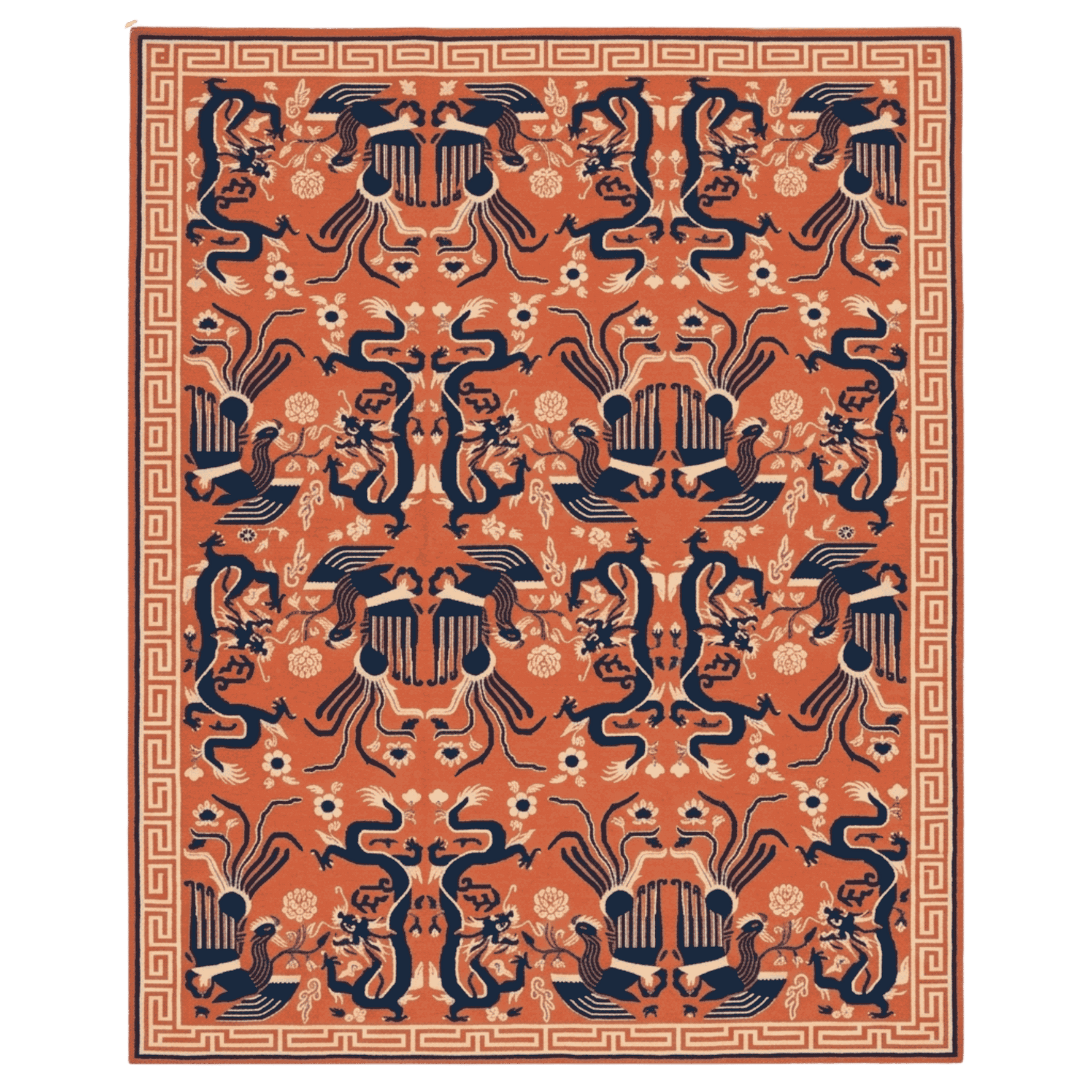 Decorative rug with intricate black patterns on an orange background