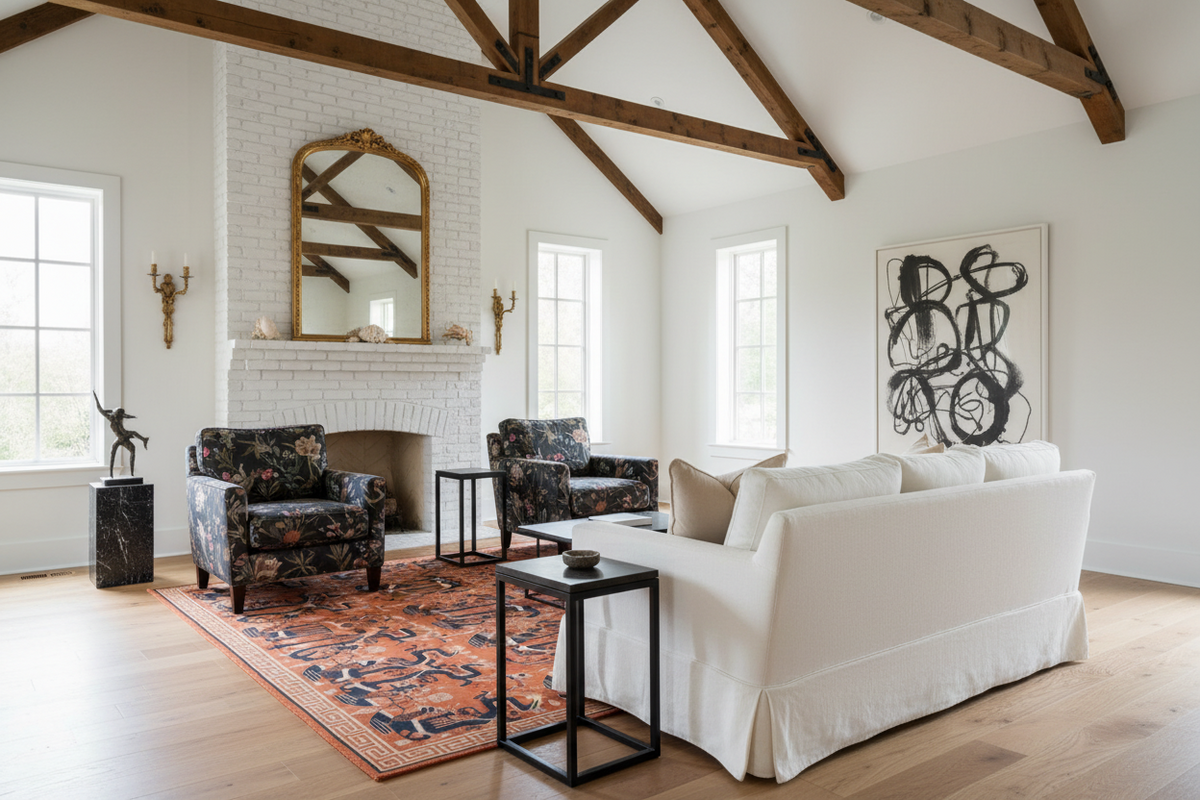 Living room with white walls, orange rug, wooden beams, and a white sofa.