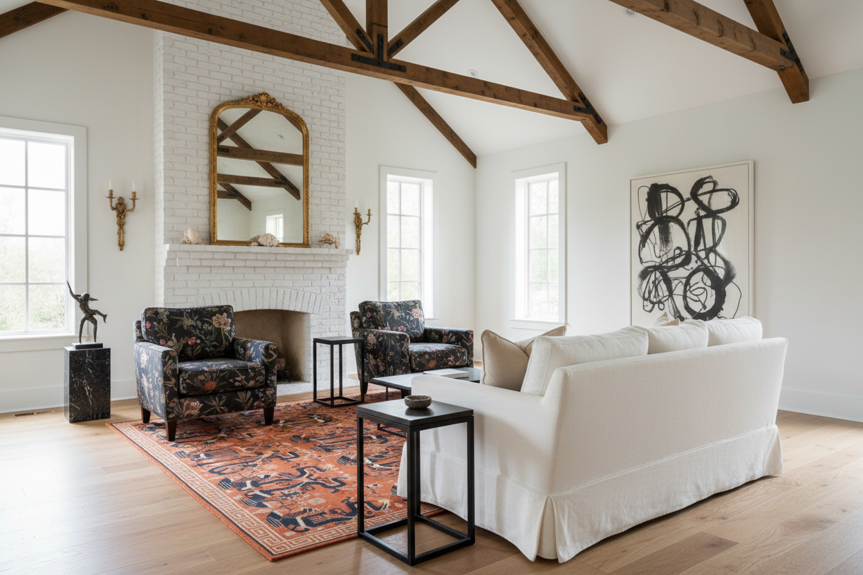 Living room with white walls, orange rug, wooden beams, and a white sofa.