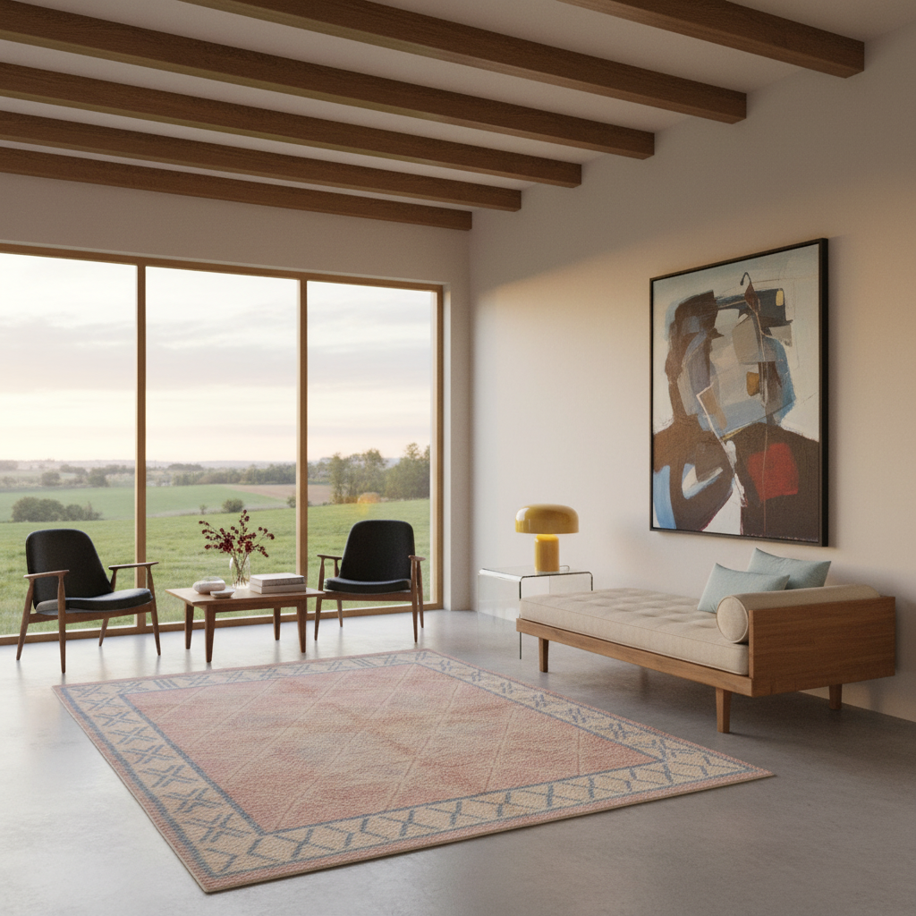 A styled modern living room with a large rectangular area rug in pink, beige, and blue tones, a wooden daybed, two black armchairs, a small wooden coffee table, and a large abstract painting on the wall.