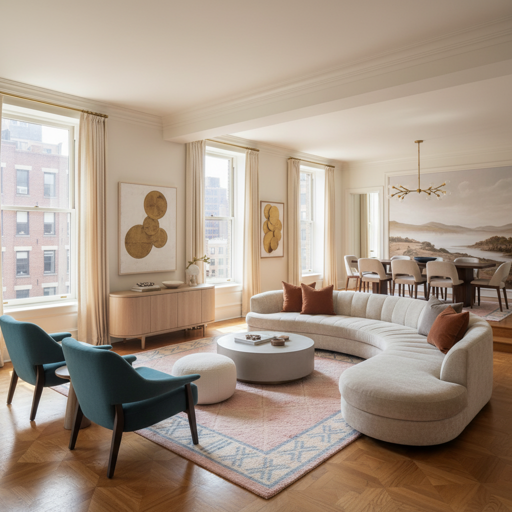 Modern living room with a sectional sofa, chairs, moroccan shaggy rug, and a coffee table.