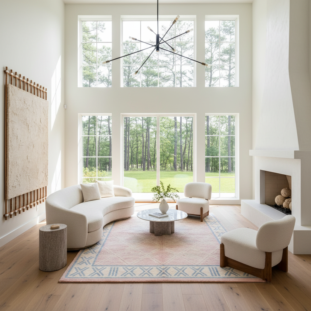 Modern living room with large windows, white furniture, pink shaggy rug, and a fireplace.