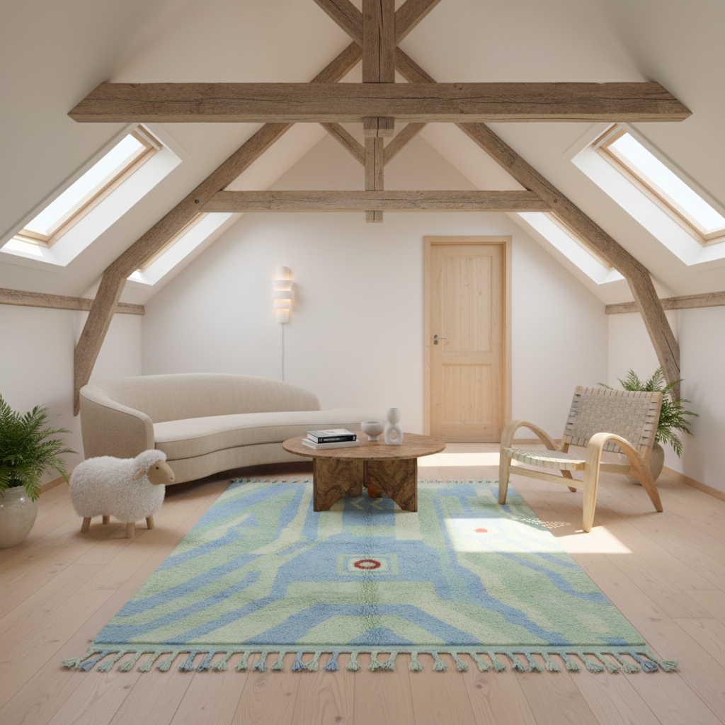 A styled living room in a bright attic with exposed wooden beams, featuring a blue and green patterned area rug, a cream sofa, a wooden coffee table, a woven chair, and a small white sheep figurine.