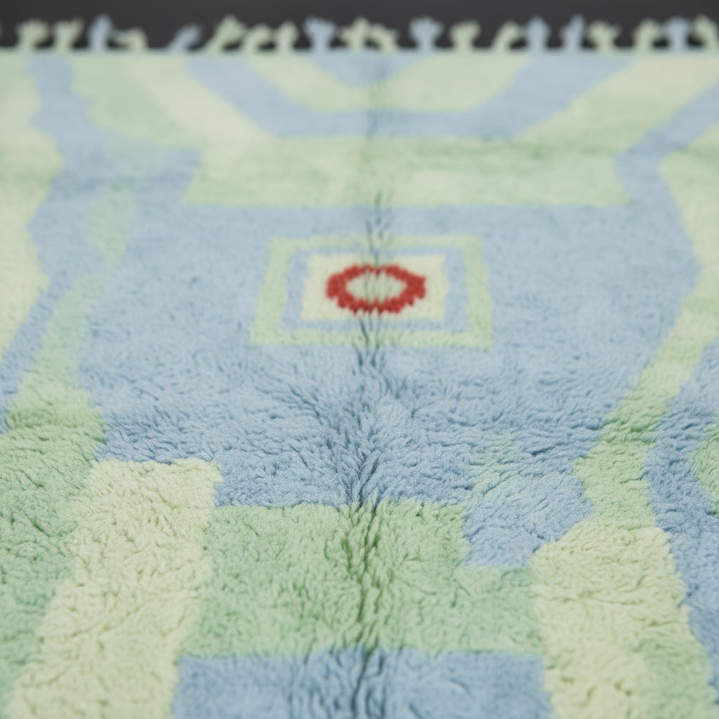 A close-up of a soft, textured rug with a geometric pattern in light blue, mint green, and pale yellow, featuring a small red and white circular motif in the center.