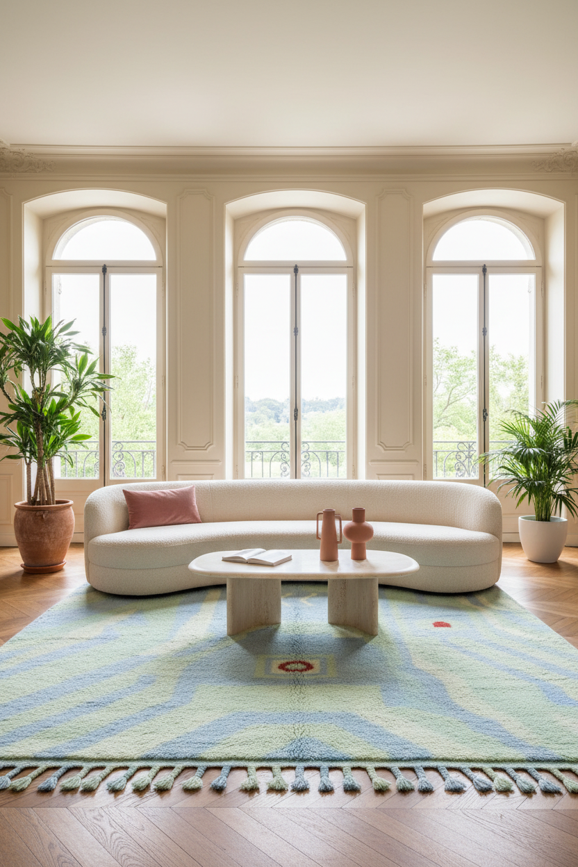 Modern living room with a white sofa, coffee table, green shaggy rug, and decorative vases.