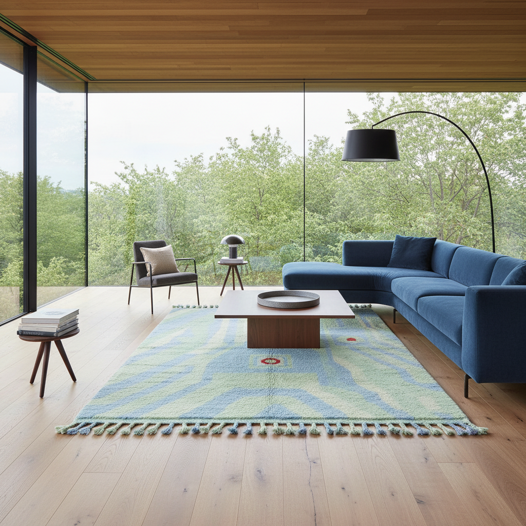 A modern living room with a large blue sectional sofa, a light wood coffee table, a patterned blue and green area rug with fringe, a black floor lamp, and large windows overlooking a forest.