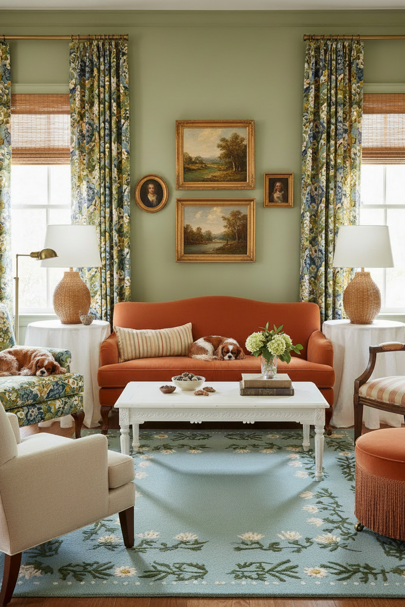 Living room with orange sofa, floral blue rug, and decorative elements.