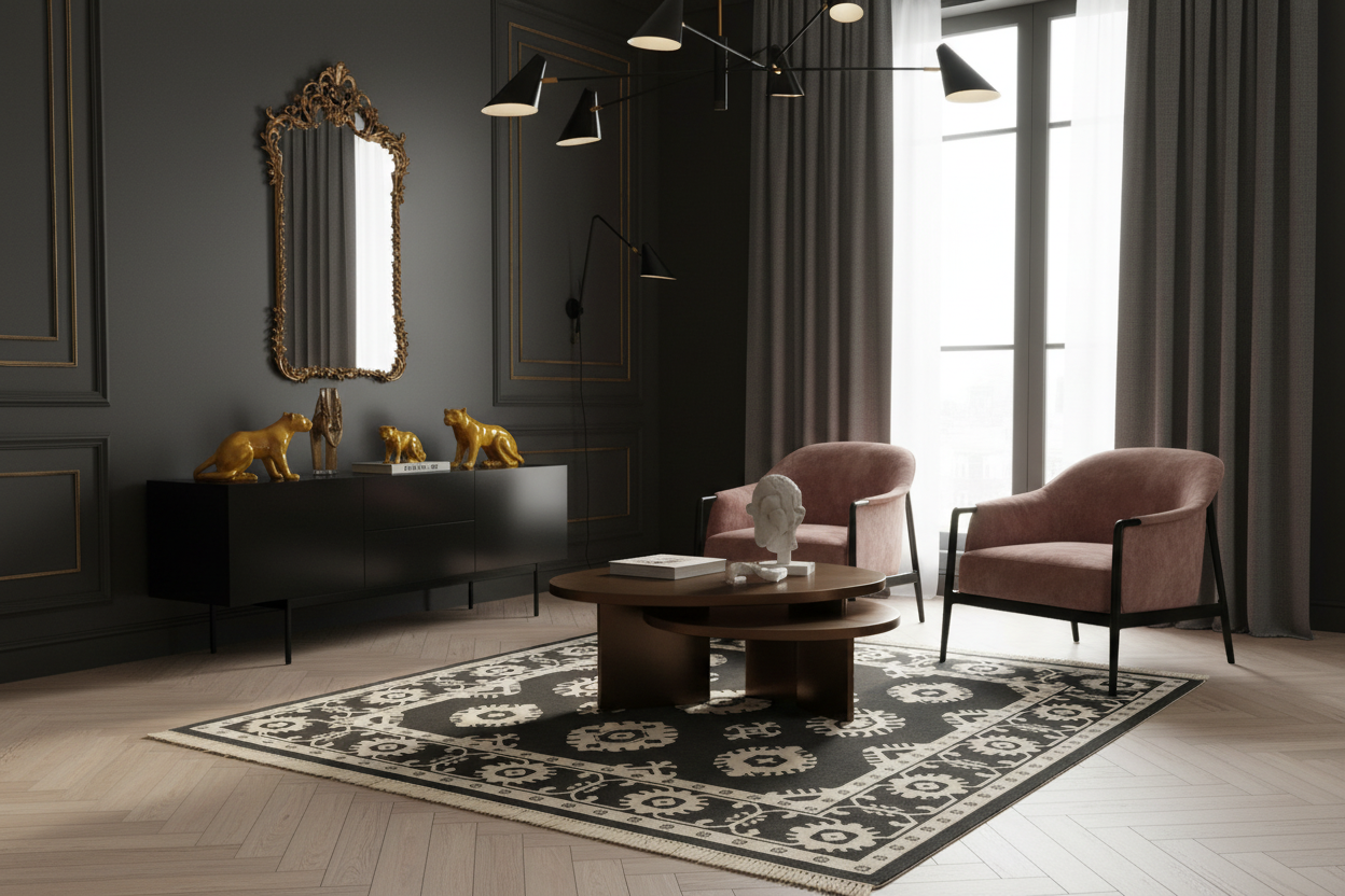 Modern living room with dark walls, a patterned rug, and decorative furniture.